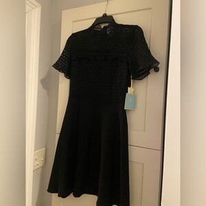 CeCe Black Ruffled Midi Dress Mock Neck